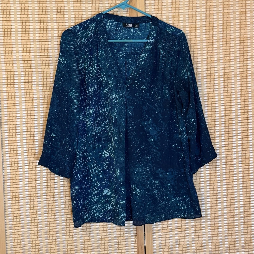 ANA Womens PL Top Blue Aqua 3/4 Sleeve Lightweight Office Career Grannycore Boho